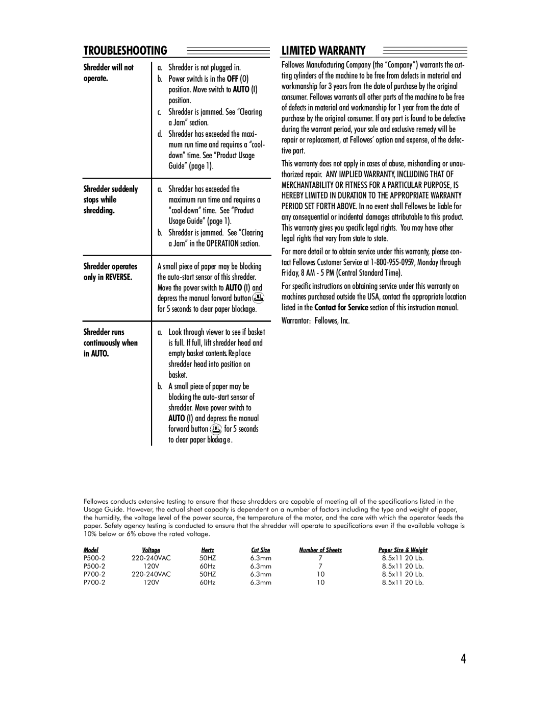 Fellowes P500-2W, S70-2 manual Troubleshooting, Limited Warranty 