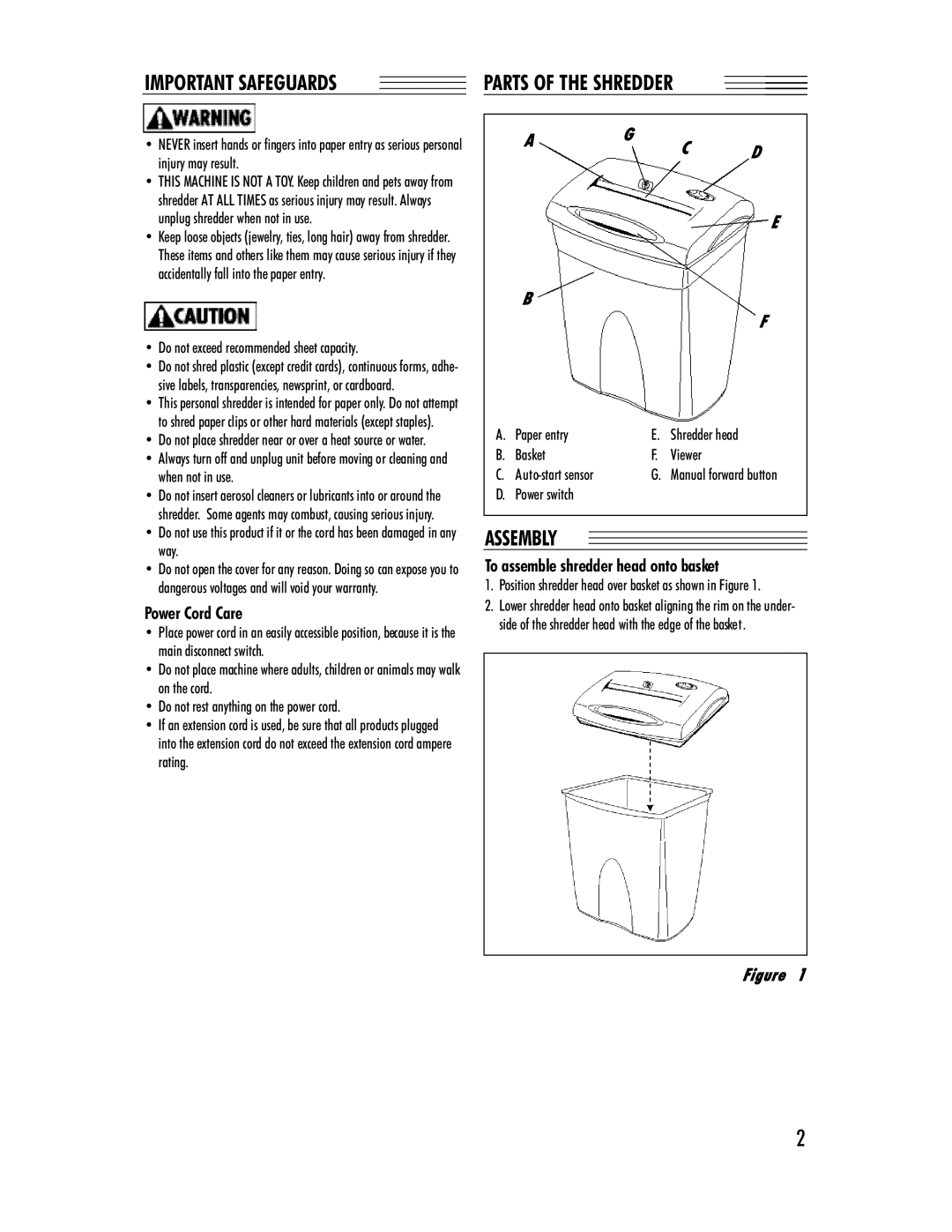 Fellowes P500-2W Important Safeguards, Assembly, Power Cord Care, A G C D E B F, To assemble shredder head onto basket 