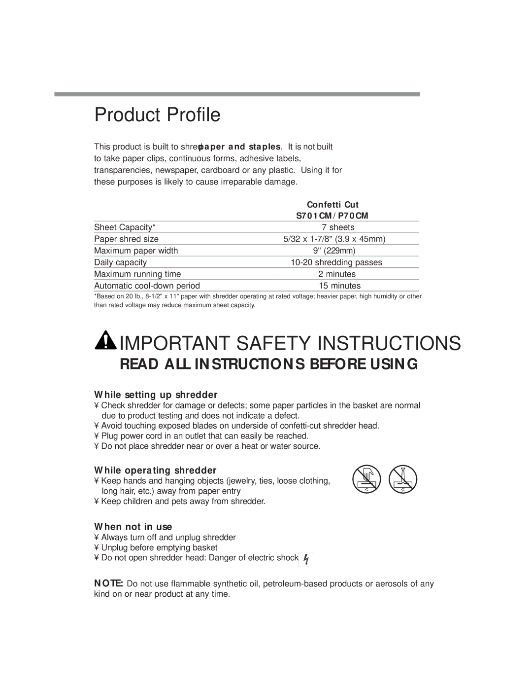 Fellowes S701CM, S701cm, P70cm manual Product Profile, While setting up shredder, While operating shredder, When not in use 
