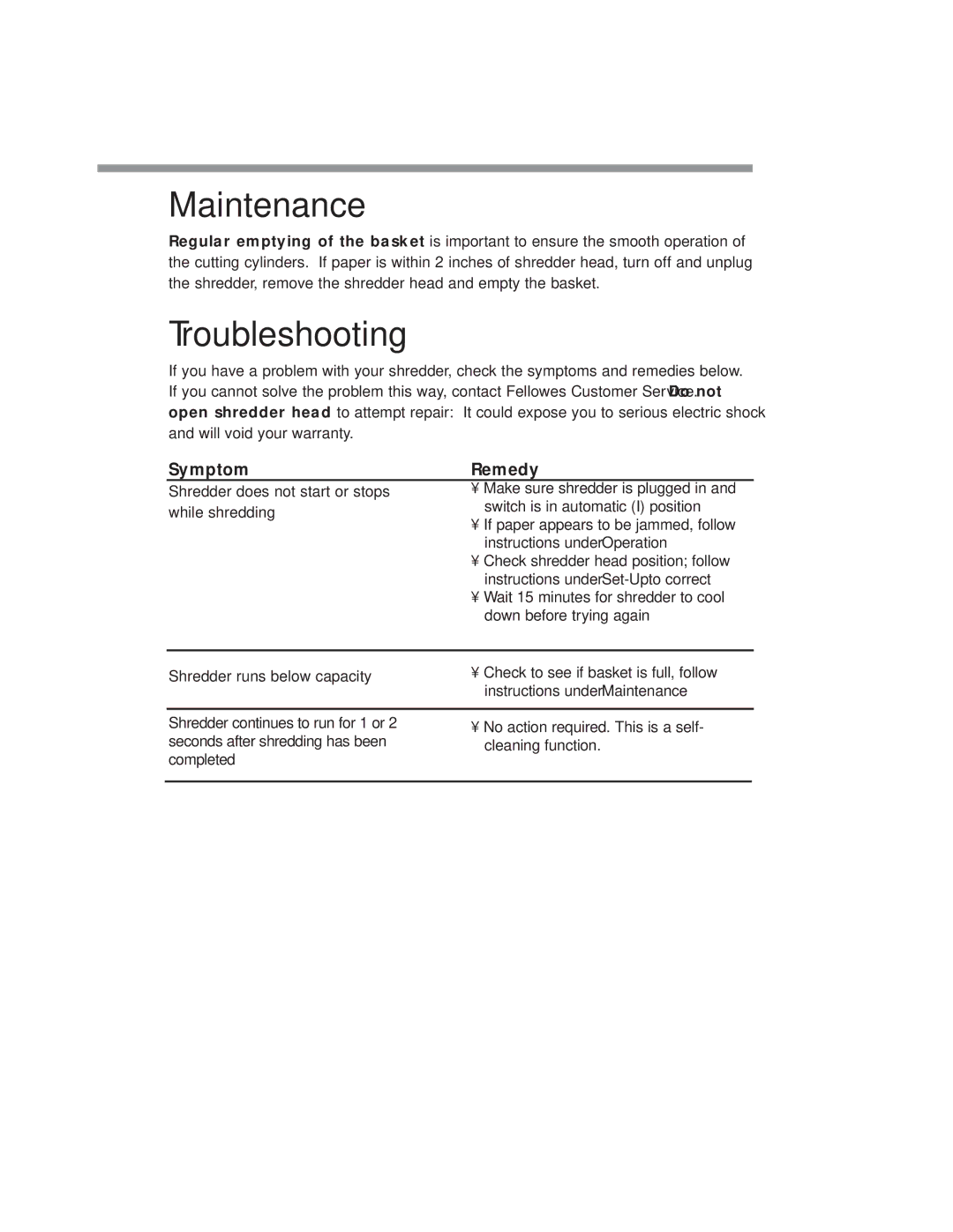 Fellowes S701CM, S701cm, P70cm manual Maintenance, Troubleshooting, SymptomRemedy 