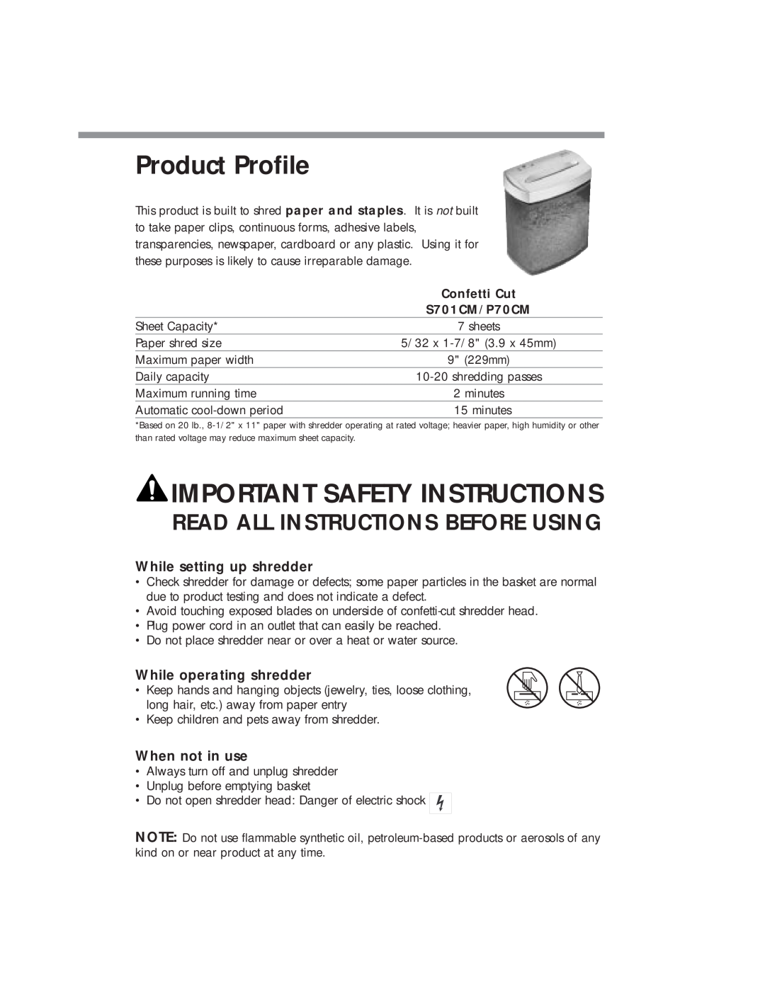 Fellowes S701CM manual Product Profile, Important Safety Instructions, While setting up shredder, While operating shredder 