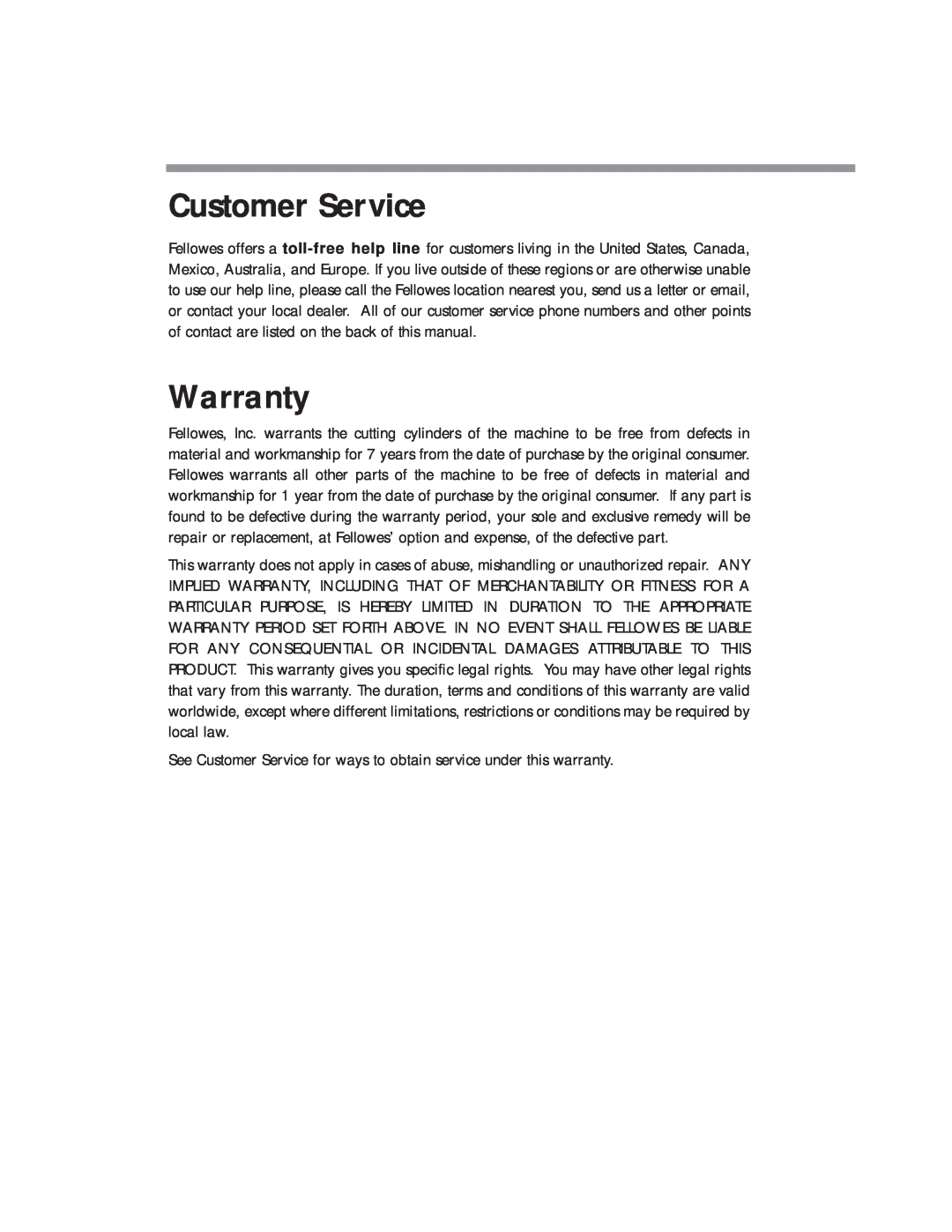 Fellowes S701cm, P70cm, S701CM manual Customer Service, Warranty 