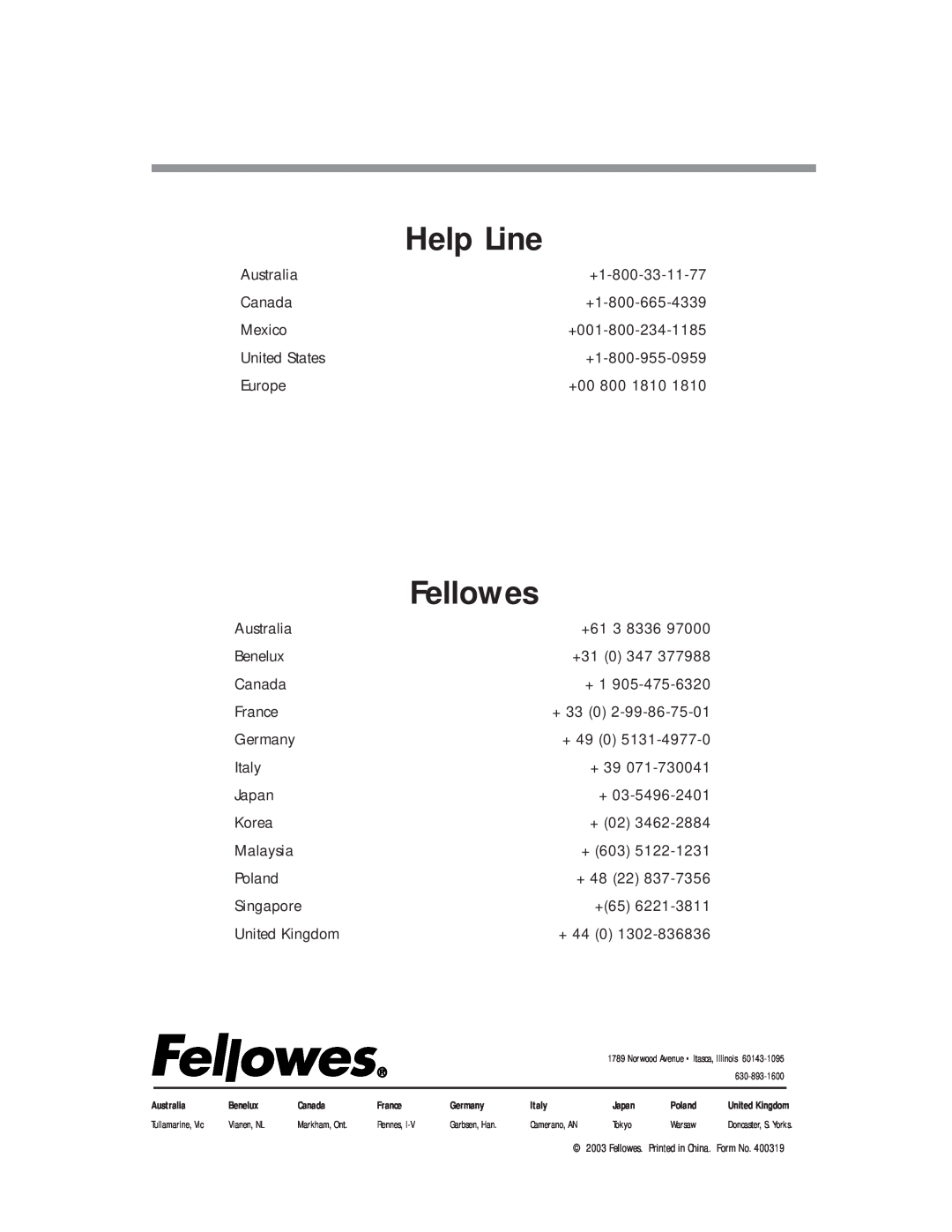 Fellowes S701CM, S701cm, P70cm manual Help Line, Fellowes 