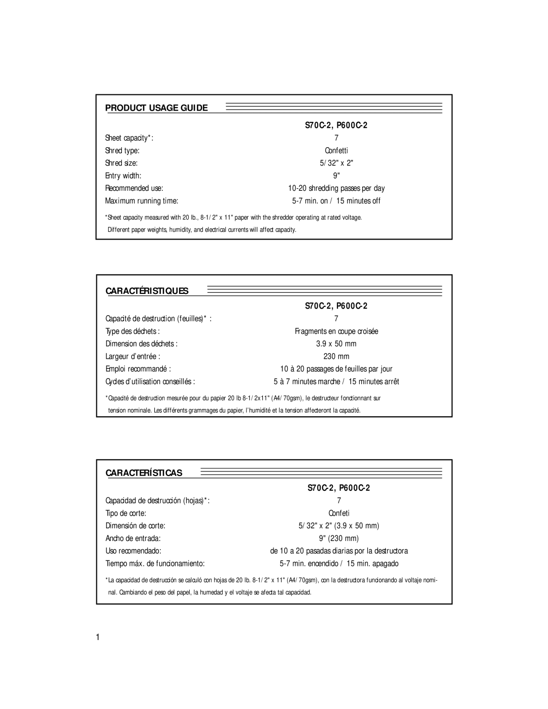 Fellowes S70C-2, P600C-2 manual Product Usage Guide, Caractéristiques, Características, 32 x 