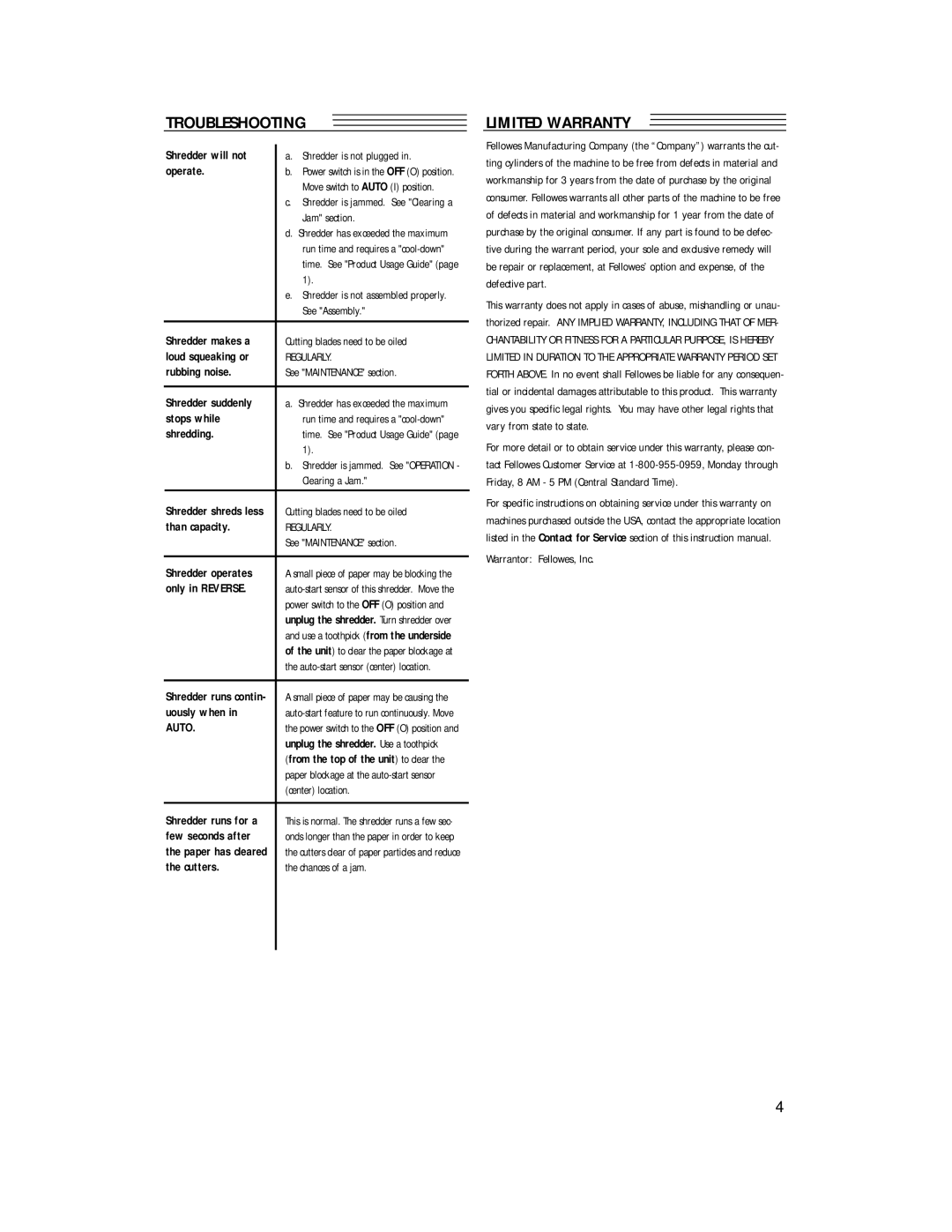 Fellowes P600C-2, S70C-2 manual Troubleshooting, Limited Warranty 