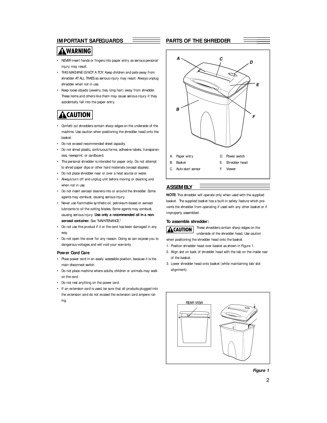 Fellowes P600C-2 manual Assembly, Important Safeguards, Parts Of The Shredder, Power Cord Care, E B F, To assemble shredder 