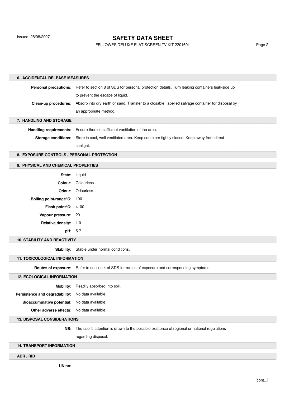 Fellowes Satellite TV System manual Accidental Release Measures, Handling and Storage, Stability and Reactivity 