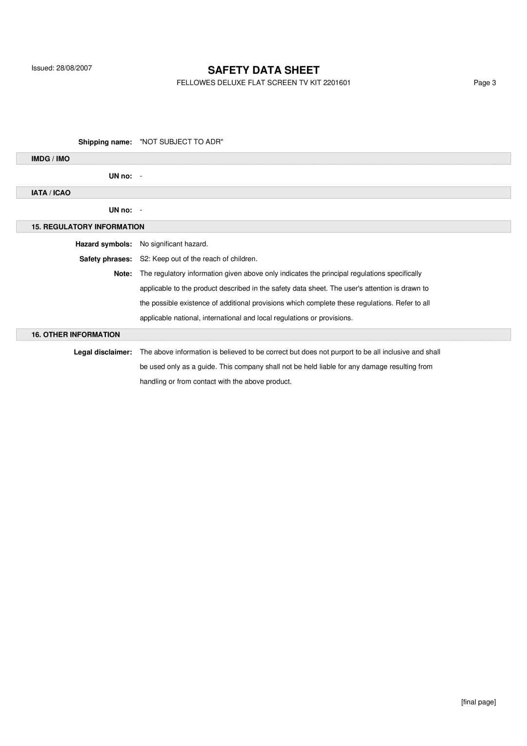 Fellowes Satellite TV System manual Imdg / IMO, Iata / Icao, Regulatory Information, Other Information 