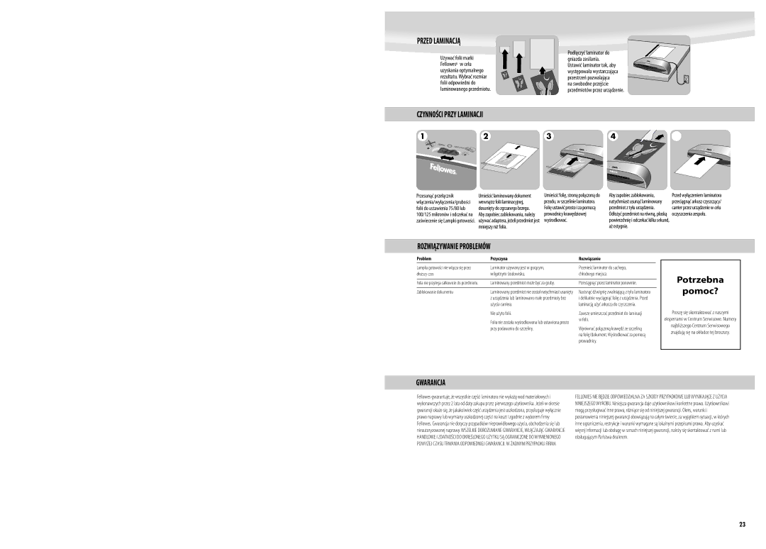 Fellowes Saturn A3, Saturn A4 manual Przed Laminacją, Czynności Przy Laminacji, Rozwiązywanie Problemów, Gwarancja 