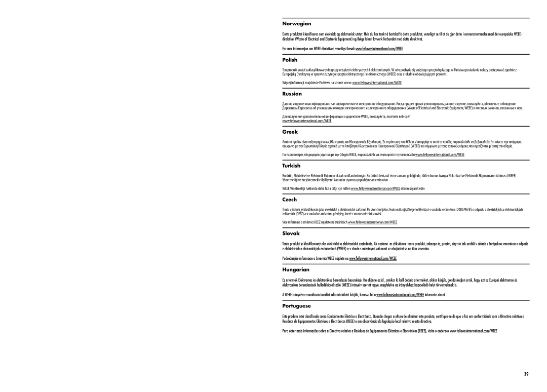 Fellowes Saturn A3, Saturn A4 manual Norwegian, Polish, Russian, Greek, Turkish, Czech, Slovak, Hungarian, Portuguese 