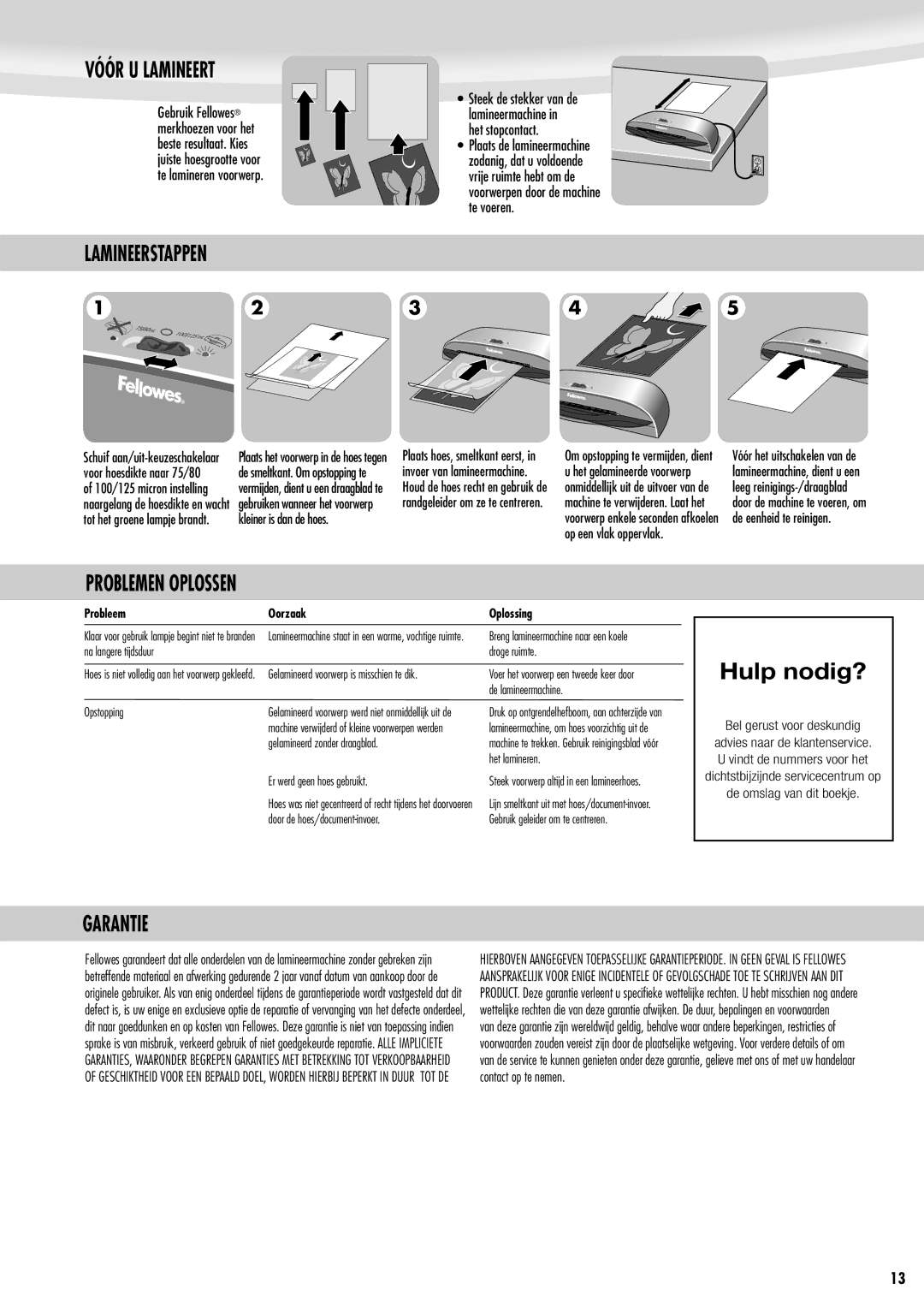 Fellowes Saturn A3 manual Hulp nodig?, Vóór U Lamineert, Lamineerstappen, Problemen Oplossen, Probleem Oorzaak Oplossing 