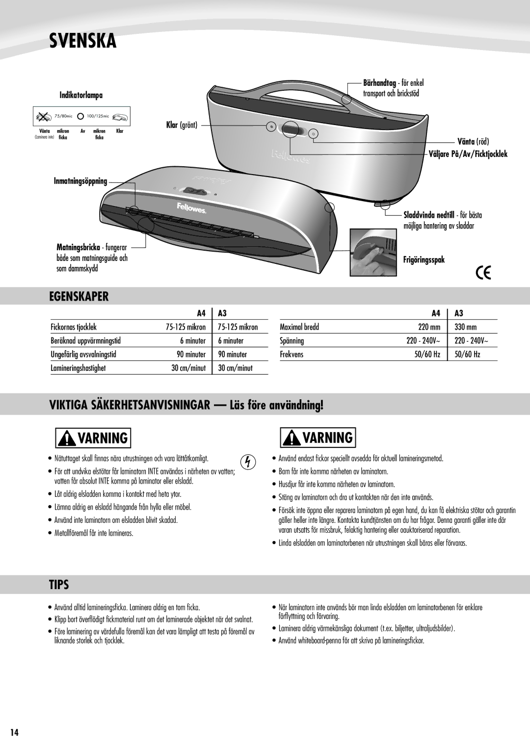 Fellowes Saturn A4, Saturn A3 manual Svenska, Varning, Egenskaper 