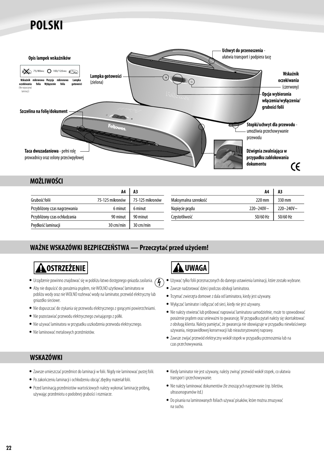 Fellowes Saturn A4, Saturn A3 manual Polski, Uwaga, Możliwości, Wskazówki 