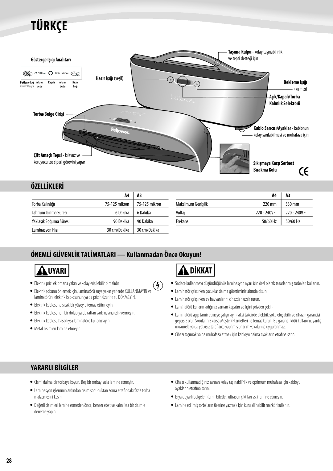 Fellowes Saturn A4, Saturn A3 manual Türkçe, Uyari, Özellİklerİ, Yararli Bİlgİler 