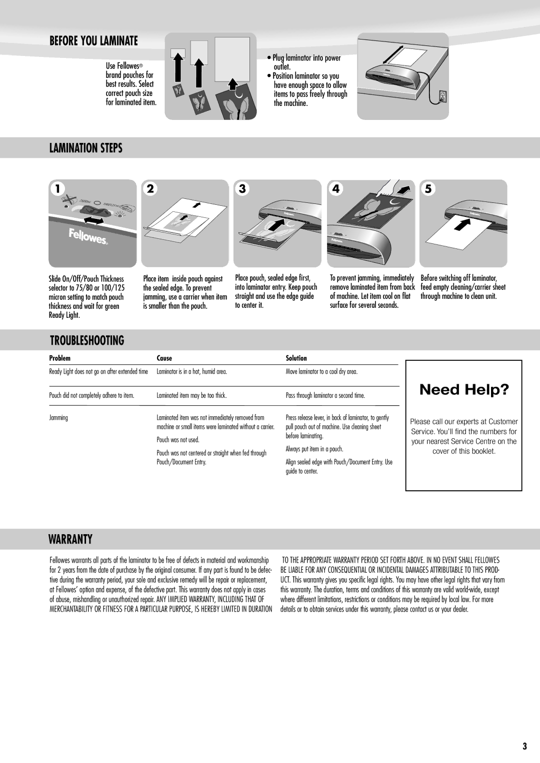 Fellowes Saturn A3 Before YOU Laminate, Lamination Steps, Troubleshooting, Warranty, Plug laminator into power outlet 