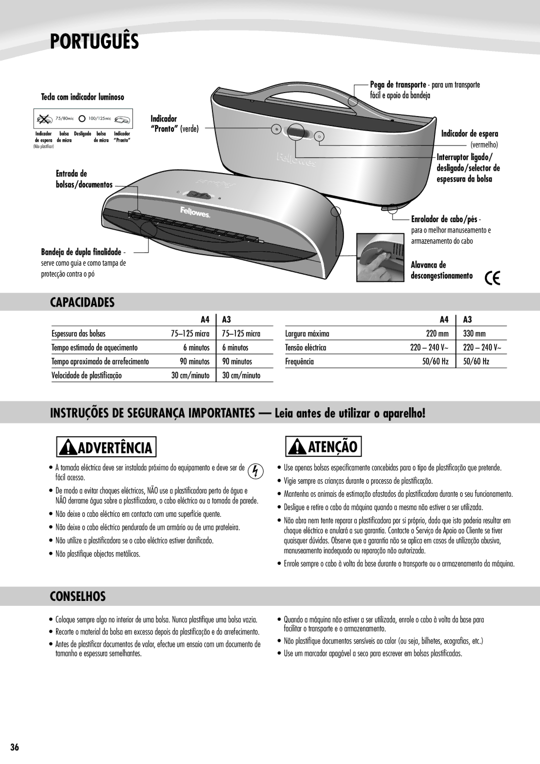 Fellowes Saturn A4, Saturn A3 manual Português, Advertência, Atenção, Capacidades, Conselhos 