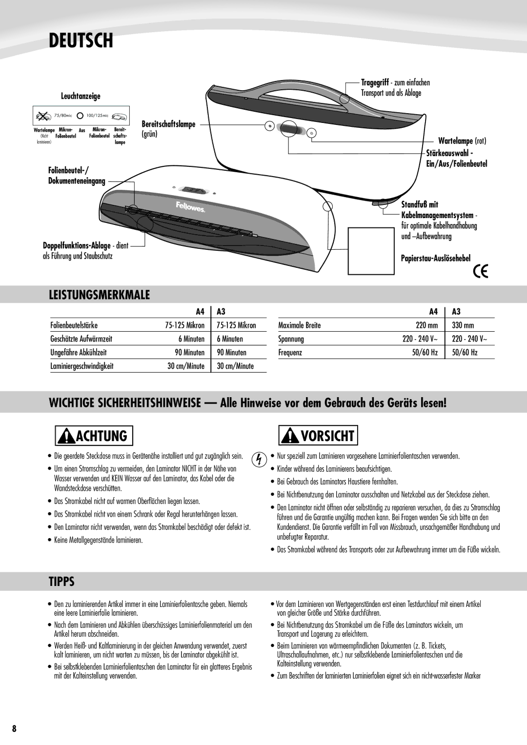 Fellowes Saturn A4, Saturn A3 manual Deutsch, Achtung, Vorsicht, Leistungsmerkmale, Tipps 