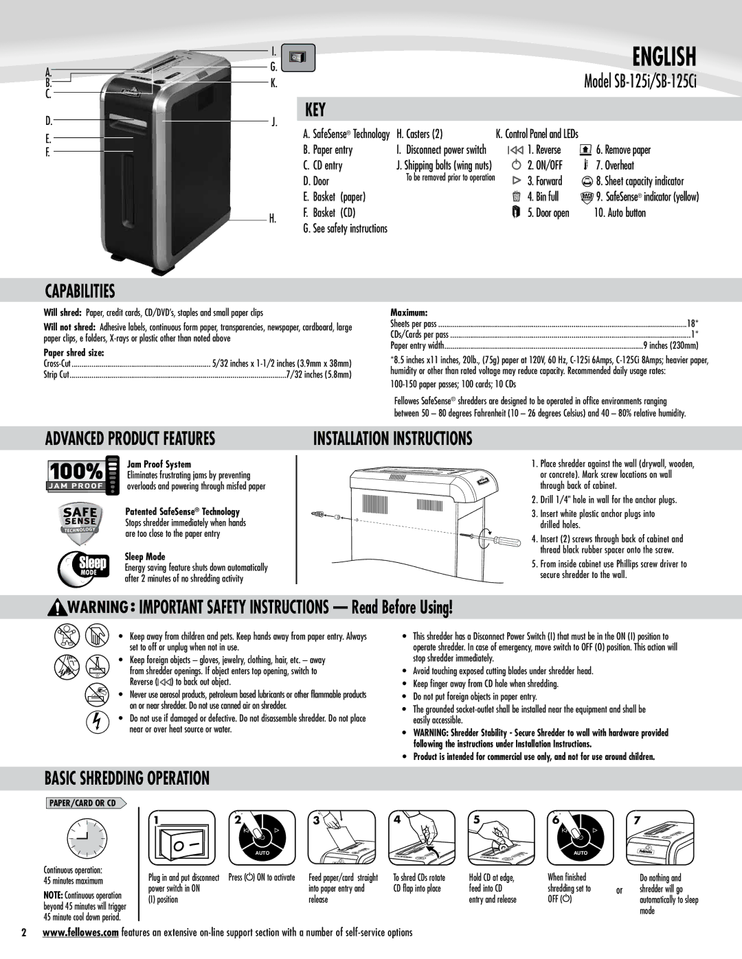 Fellowes SB-125i, SB-125Ci warranty Capabilities, Key, Basic Shredding Operation 