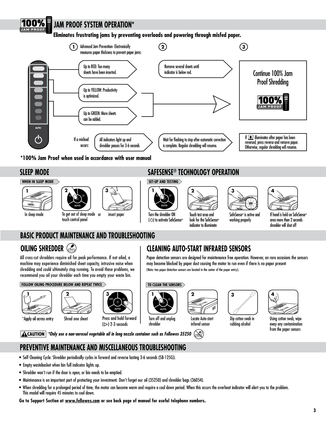 Fellowes SB-125Ci warranty JAM Proof System Operation, Safesense Technology Operation, Cleaning Auto-Start Infrared Sensors 