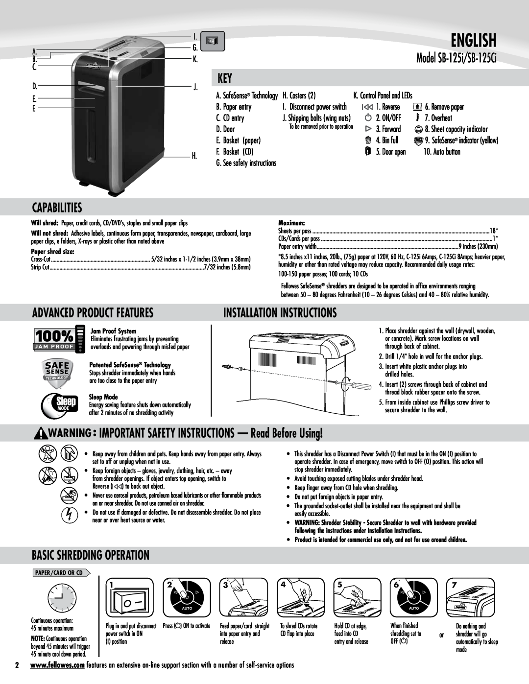 Fellowes SB-125i Capabilities, Advanced product features, IMPORTANT SAFETY INSTRUCTIONS - Read Before Using, English 