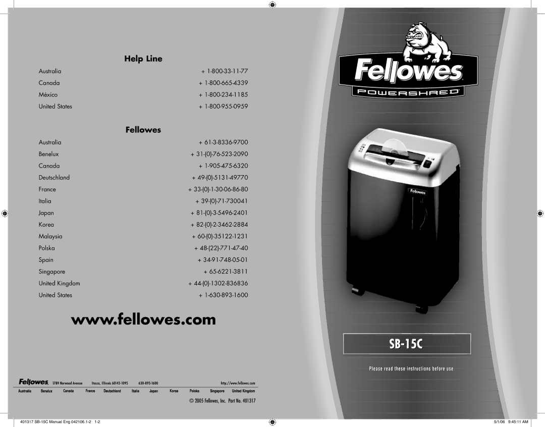 Fellowes SB-15C manual Help Line 