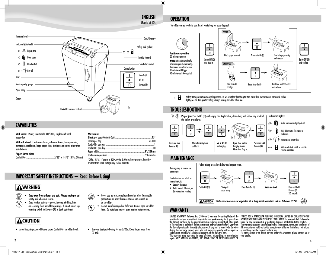 Fellowes SB-15C manual Operation, Troubleshooting, Capabilities 