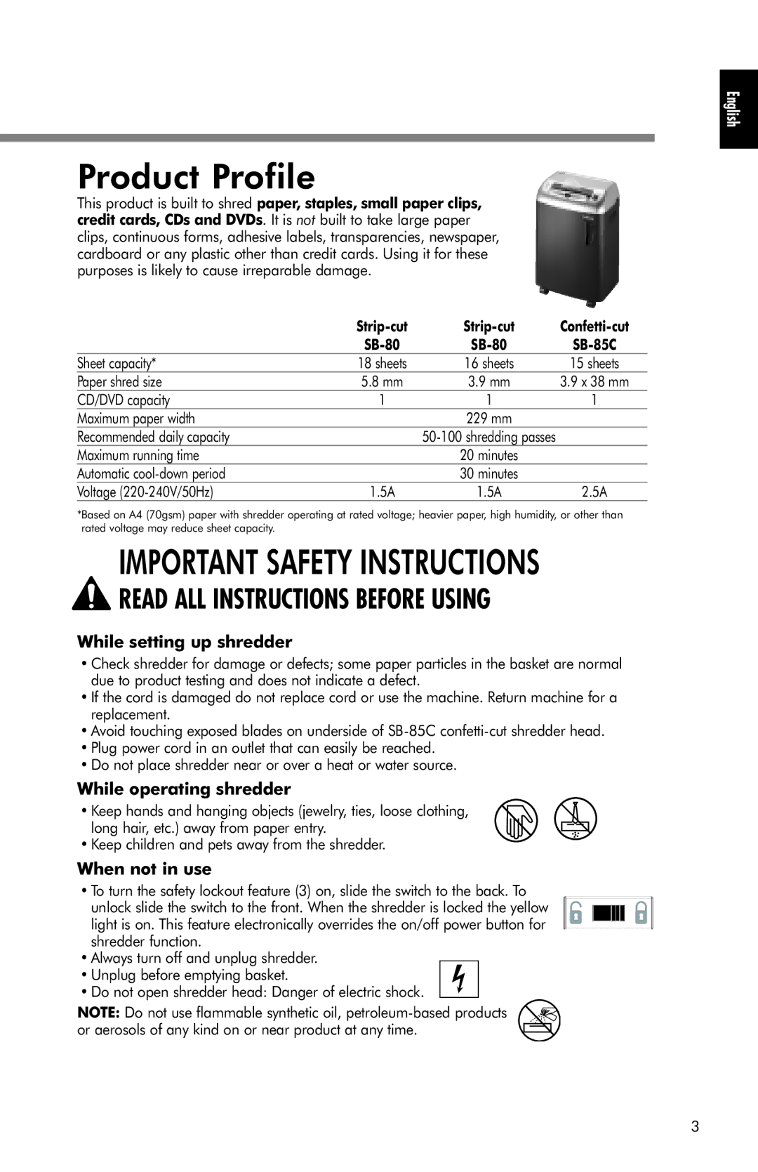 Fellowes SB-80, SB-85C manual Product Profile, While setting up shredder, While operating shredder, When not in use 