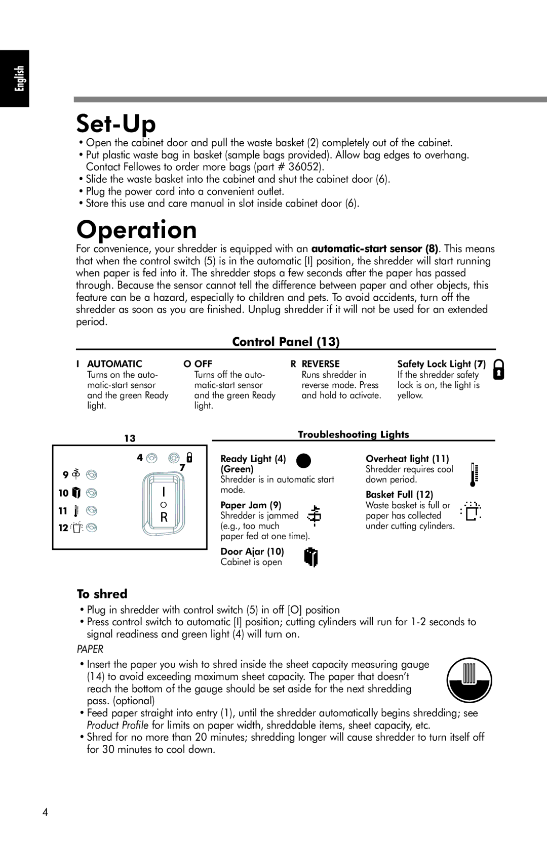 Fellowes SB-85C, SB-80 manual Set-Up, Operation, Control Panel, To shred 