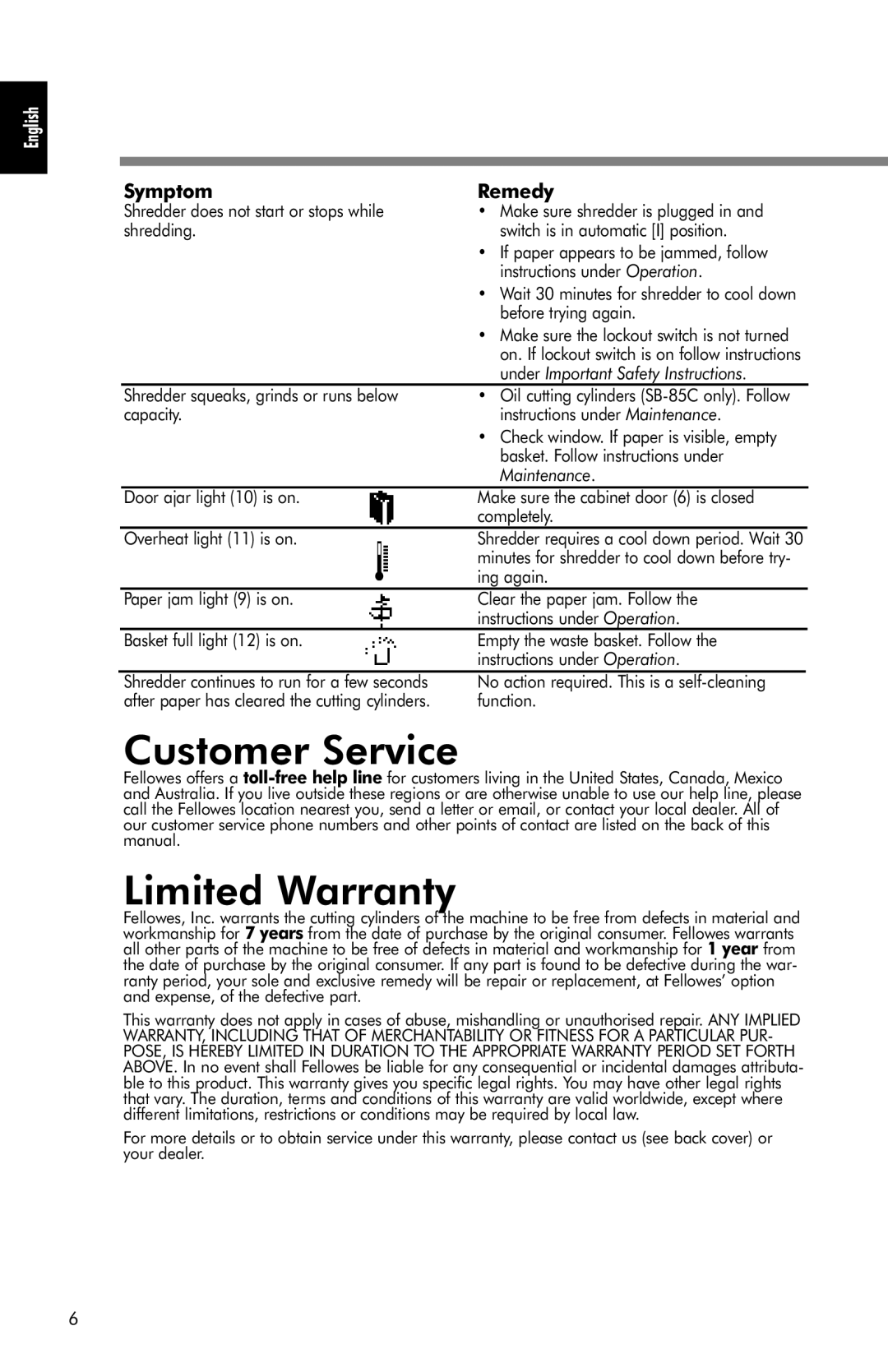 Fellowes SB-85C manual Customer Service, Limited Warranty, Symptom Remedy, Under Important Safety Instructions, Maintenance 