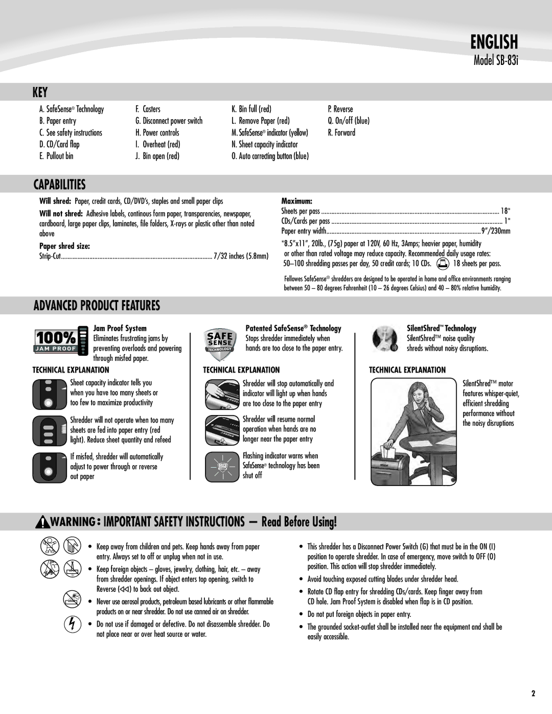 Fellowes SB-83I manual Key, Capabilities, Advanced Product Features 