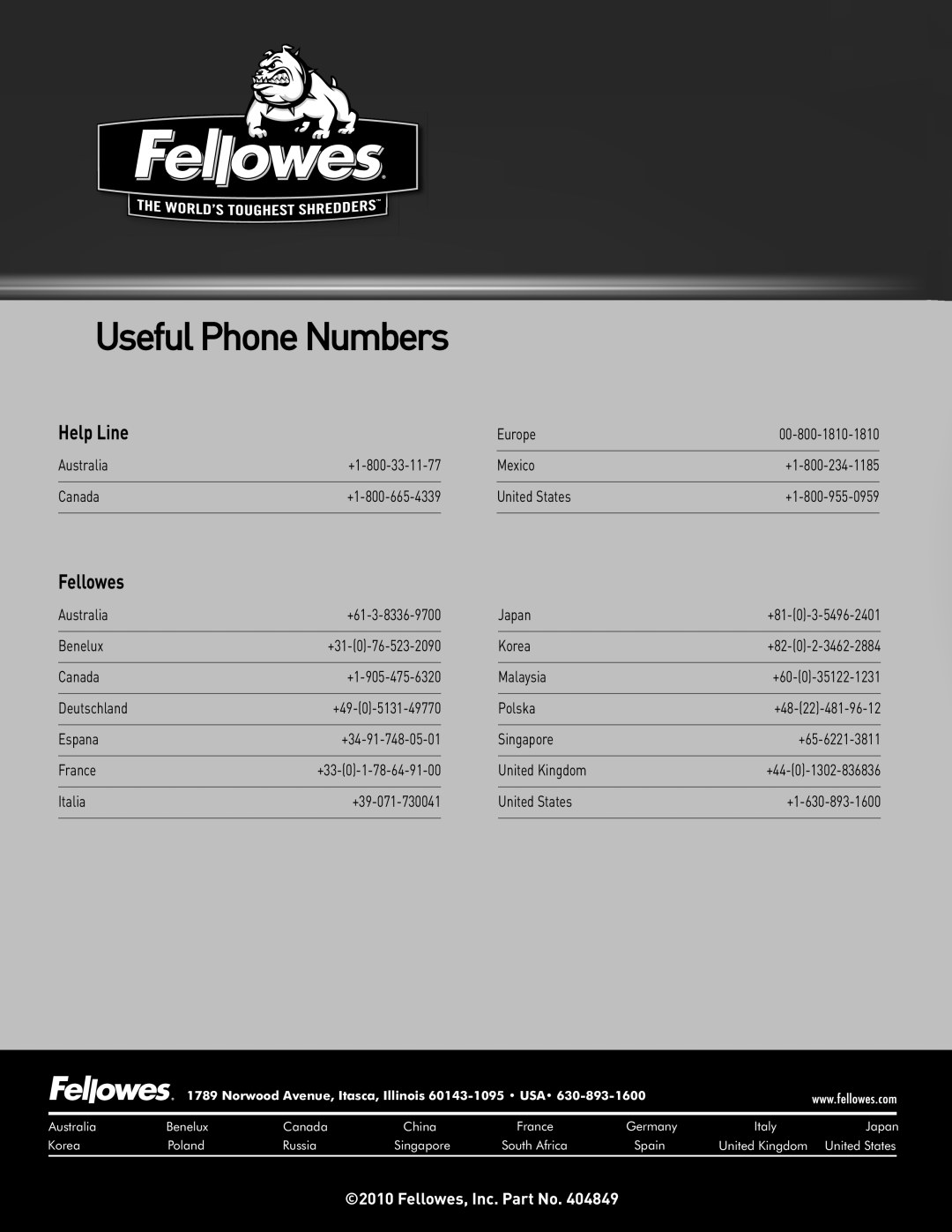 Fellowes SB-83I manual Help Line, Useful Phone Numbers, Fellowes, Inc. Part No 