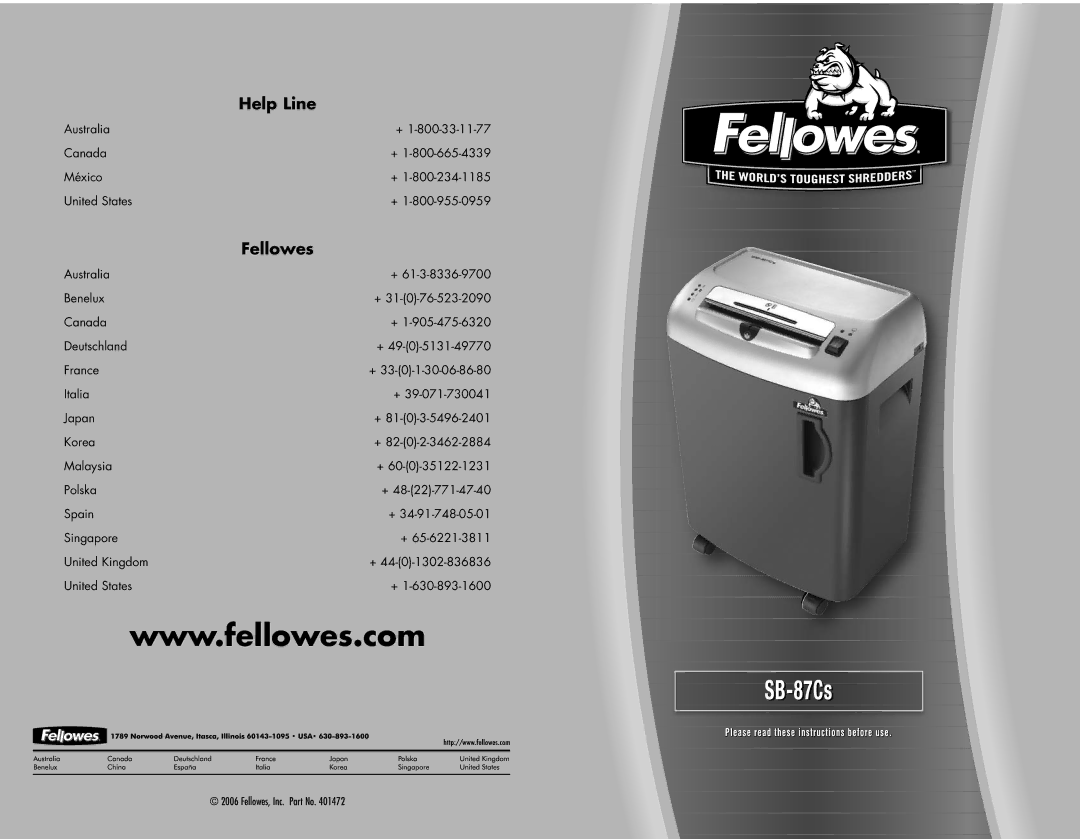 Fellowes SB-87Cs manual Help Line 