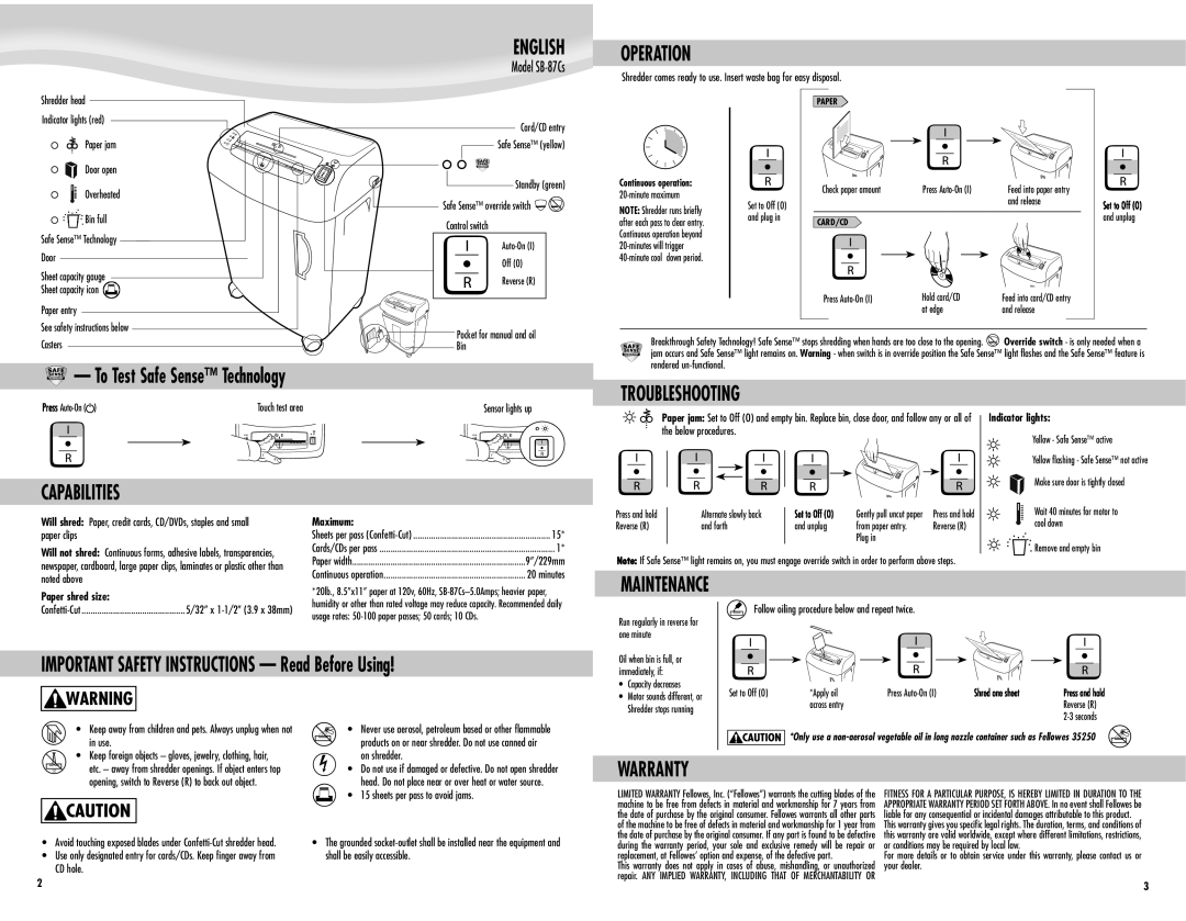 Fellowes SB-87Cs manual Operation, Troubleshooting, Capabilities, Maintenance, Warranty 