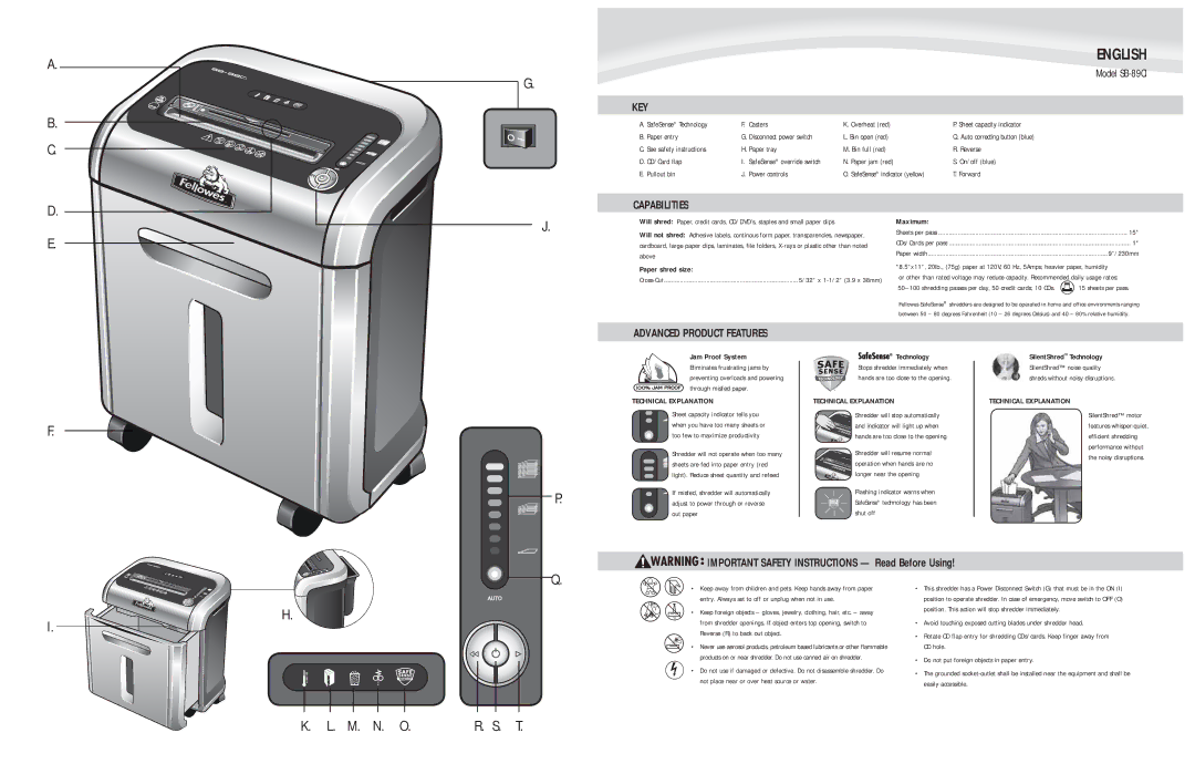 Fellowes SB-89Ci manual Key, Capabilities, Advanced Product Features, Cross-Cut 