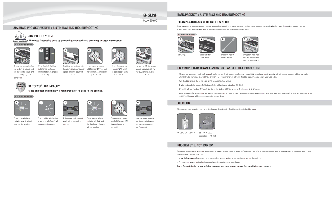 Fellowes SB-89Ci manual Preventive Maintenance and Miscellaneous Troubleshooting, Safesense Technology, Accessories 