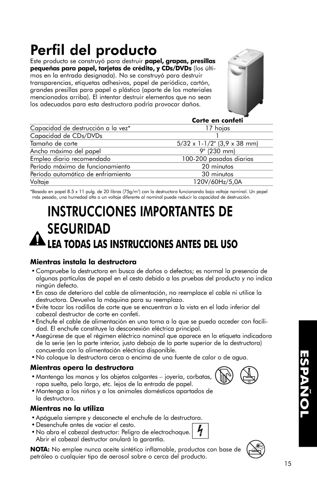 Fellowes SB-95C manual Perfil del producto, Mientras instala la destructora, Mientras opera la destructora 