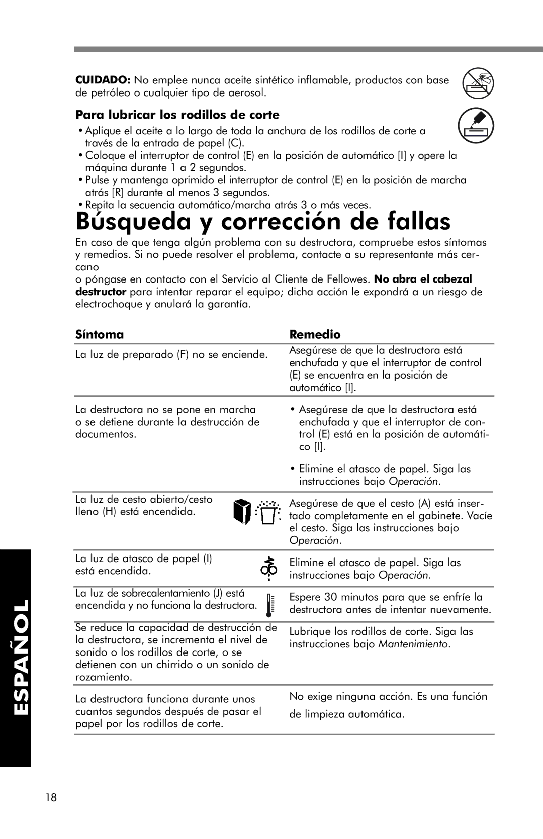 Fellowes SB-95C manual Búsqueda y corrección de fallas, Para lubricar los rodillos de corte, Síntoma Remedio, Operación 