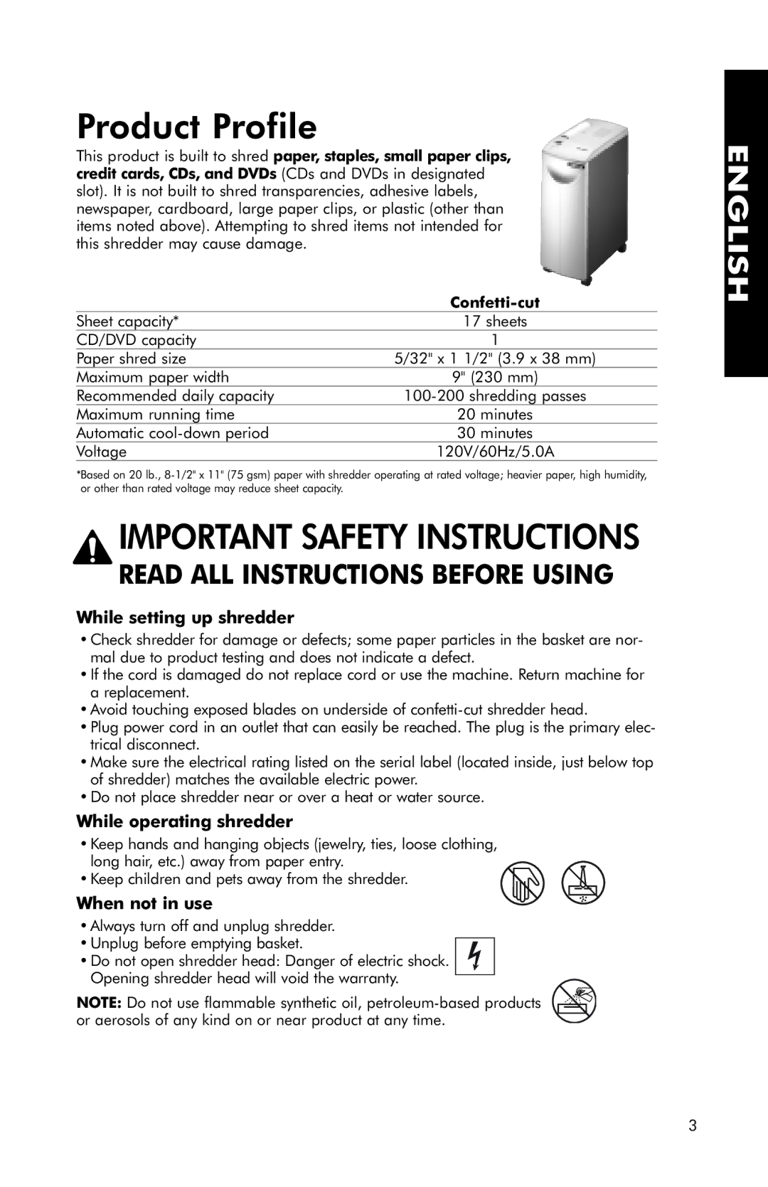 Fellowes SB-95C manual Product Profile, While setting up shredder, While operating shredder, When not in use 