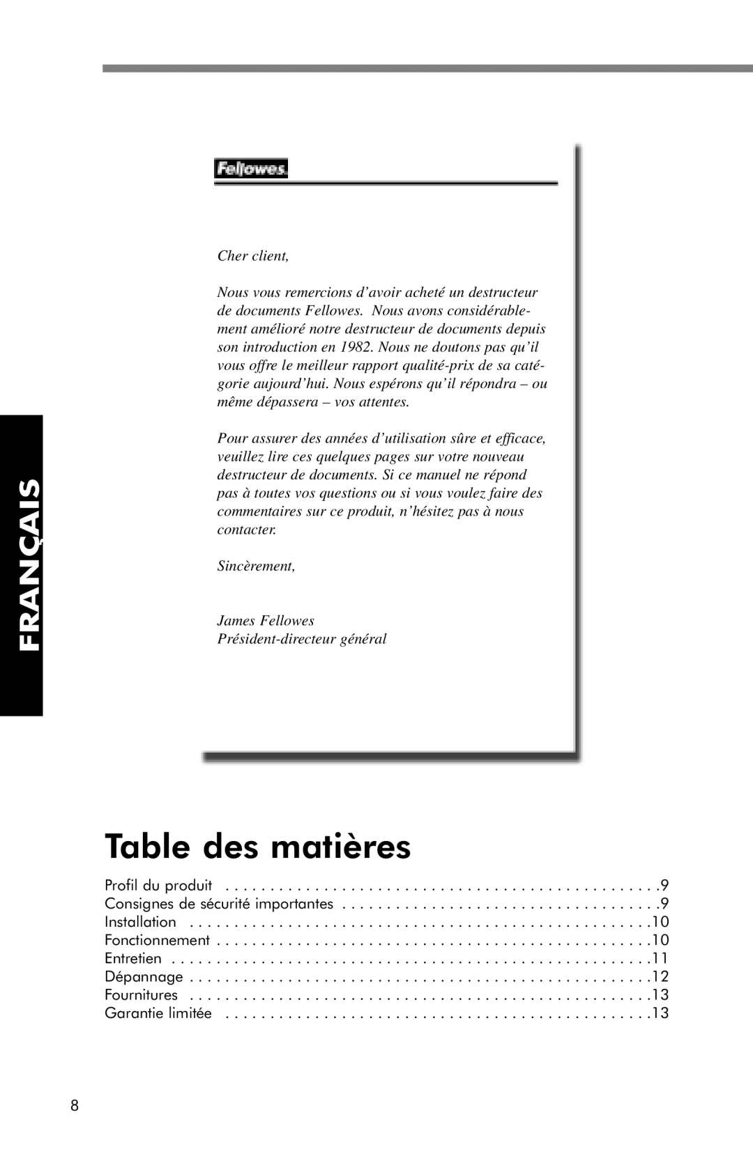 Fellowes SB-95C manual Table des matières, Cher client 