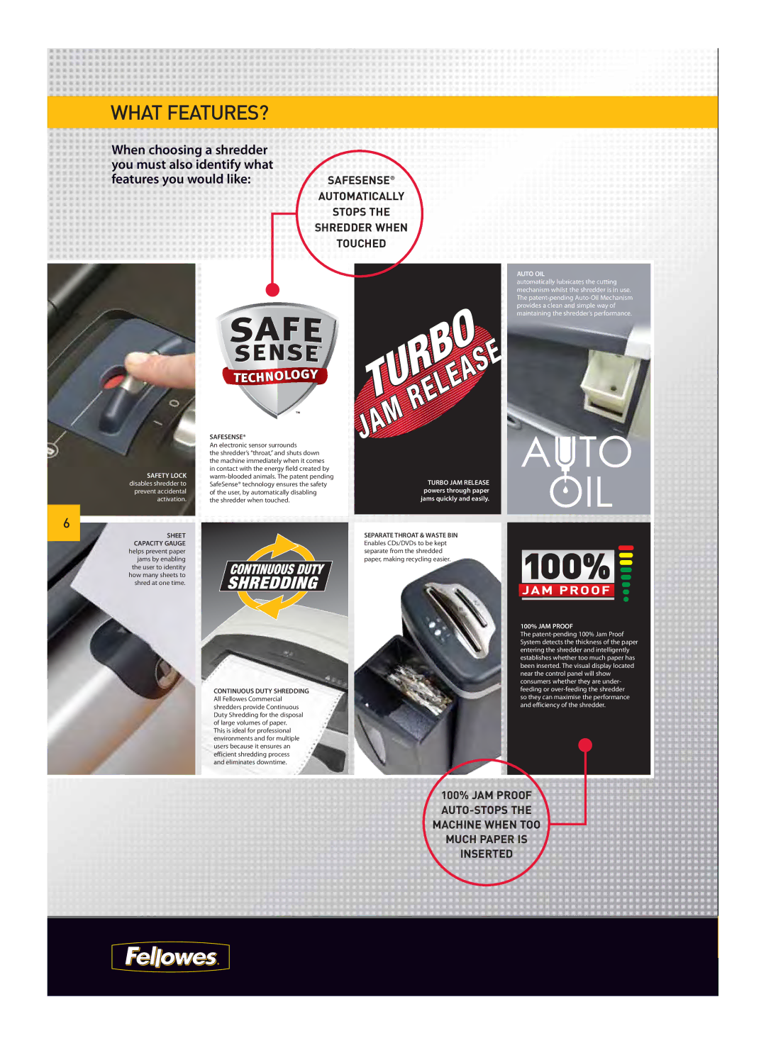 Fellowes SB-99Ci, SB-89Ci, MS-460CS manual What FEATURES?, Safesense Automatically Stops Shredder When Touched 