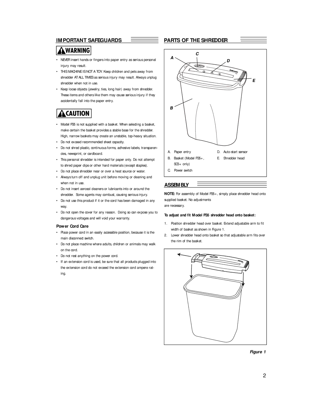 Fellowes FS5+, SC5+ manual Important Safeguards, Parts of the Shredder, Assembly, Power Cord Care 