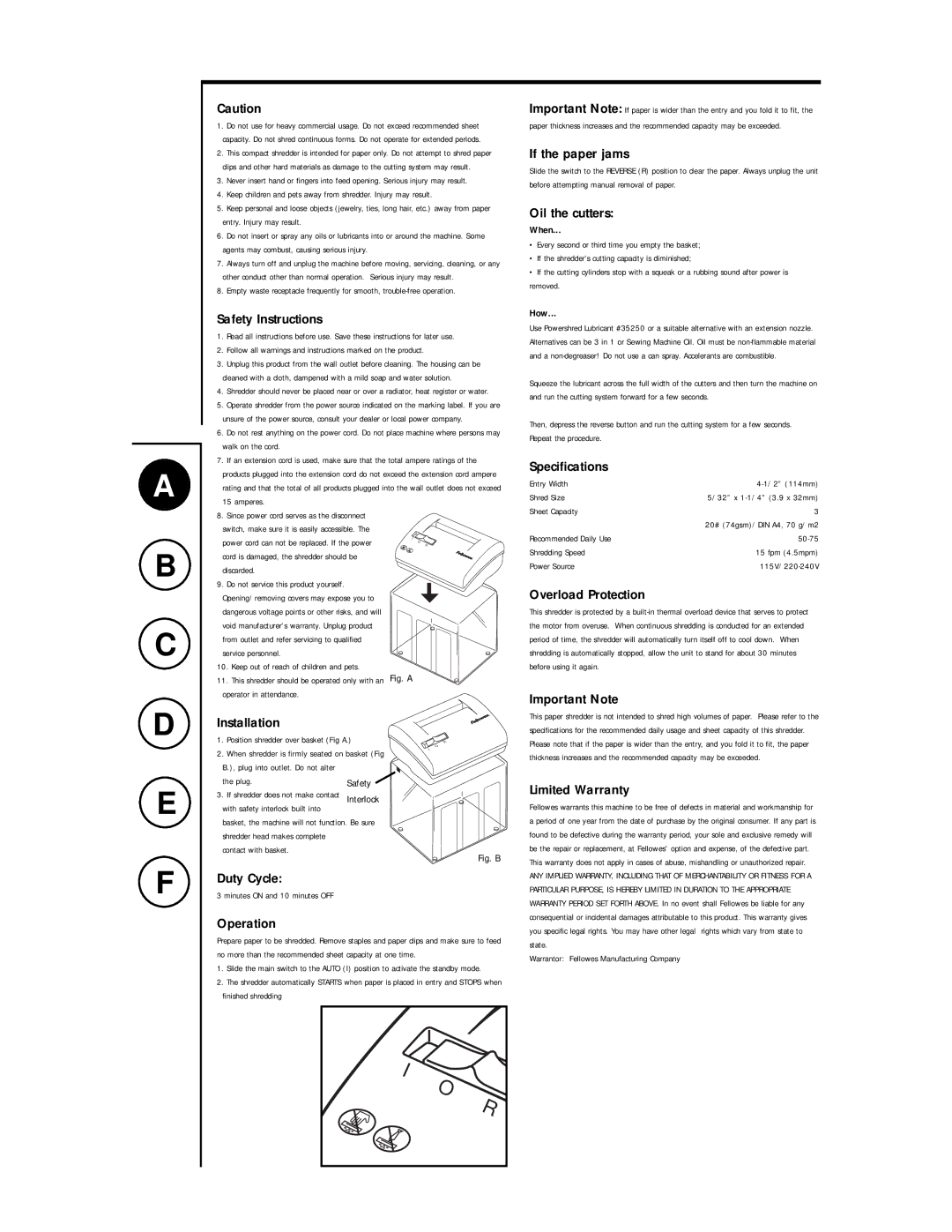 Fellowes Shredmate Safety Instructions, If the paper jams, Oil the cutters, Specifications, Overload Protection, Operation 