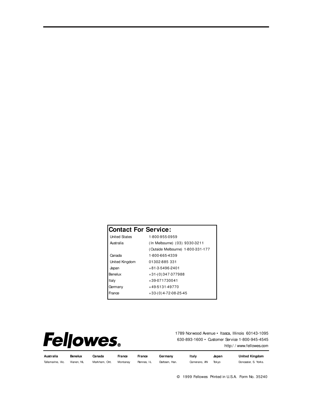 Fellowes Shredmate manual Melbourne 03, United Kingdom, Customer Service, Germany 