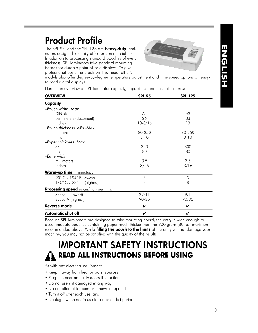 Fellowes SPL 125, SPL 95 manual Product Profile, Overview 