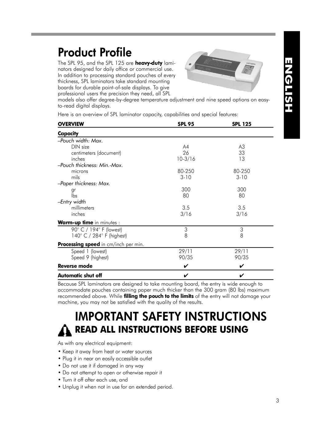 Fellowes SPL 125 Product Profile, Important Safety Instructions, Read All Instructions Before Using, Overview, Capacity 