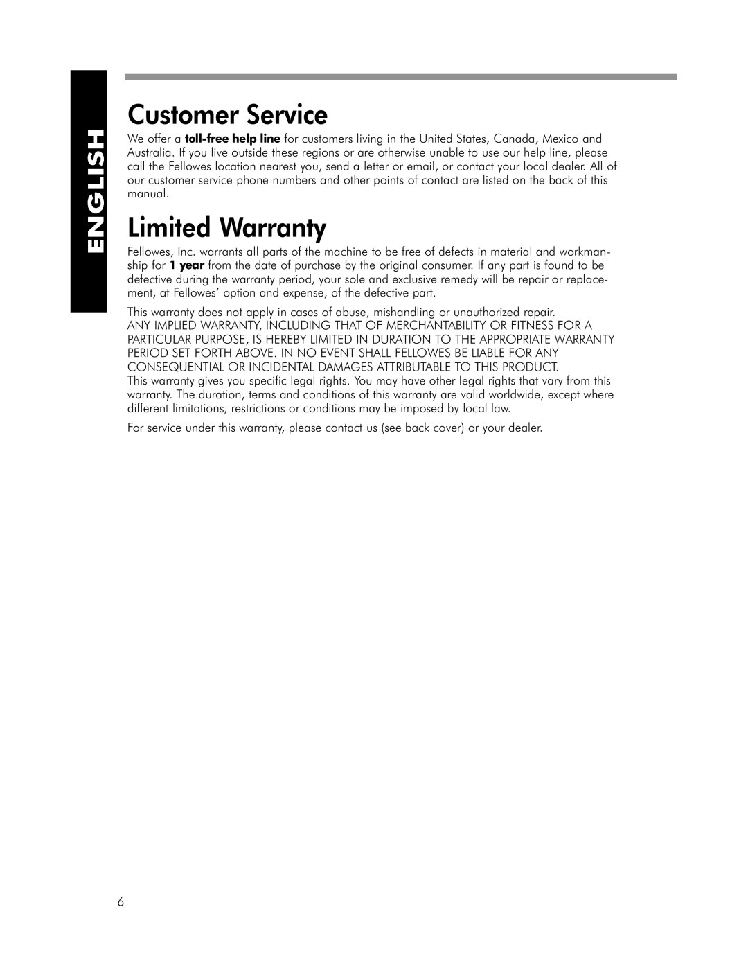 Fellowes SPL 95, SPL 125 manual Customer Service, Limited Warranty 