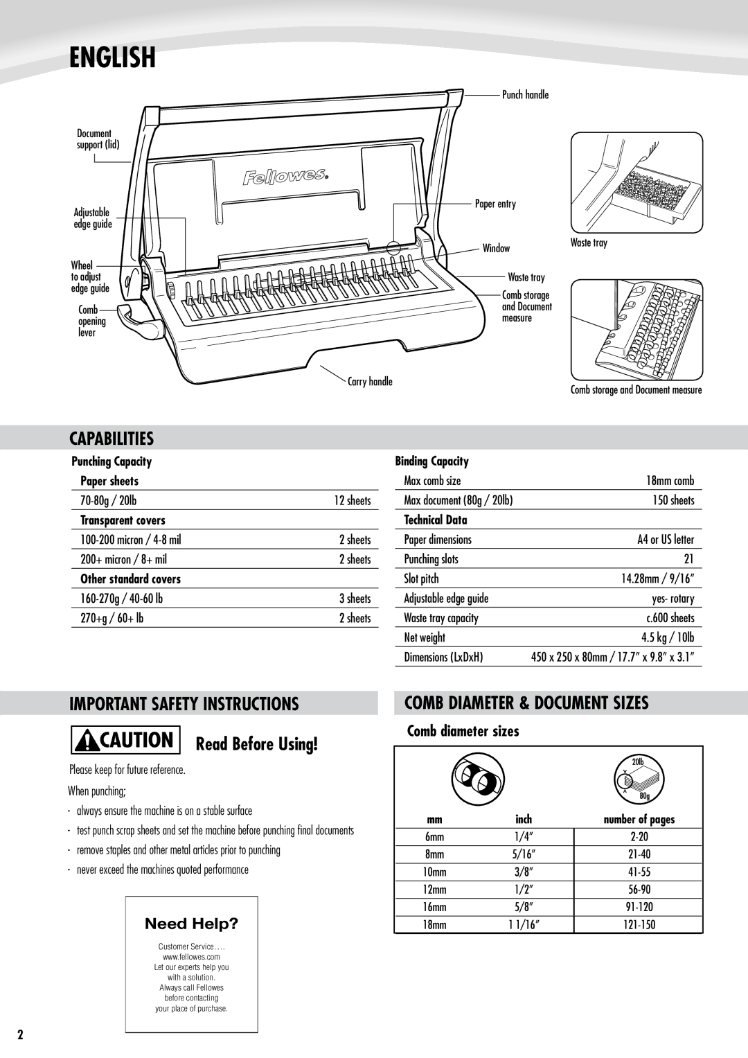 Fellowes Star 150 manual English, Capabilities, Important Safety Instructions, Comb Diameter & Document Sizes 