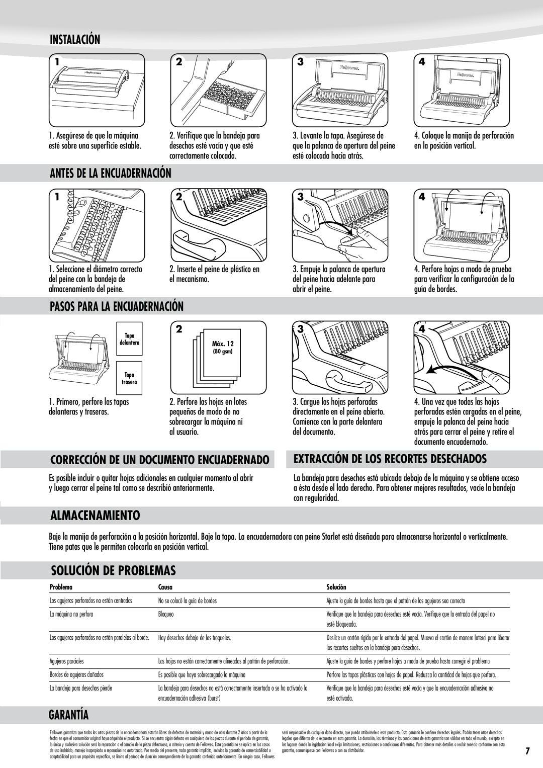 Fellowes Star 150 manual Instalación, Almacenamiento, Solución DE Problemas, Garantía, Pasos Para LA Encuadernación 