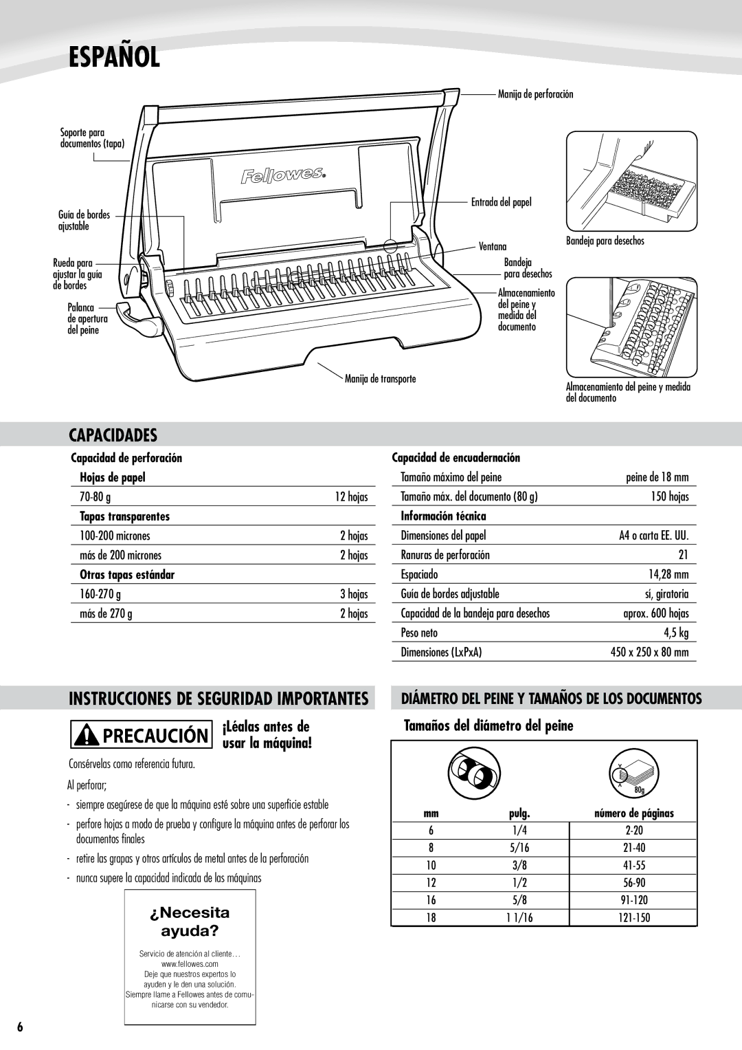 Fellowes Star 150 manual Español, Capacidades, Instrucciones DE Seguridad Importantes 