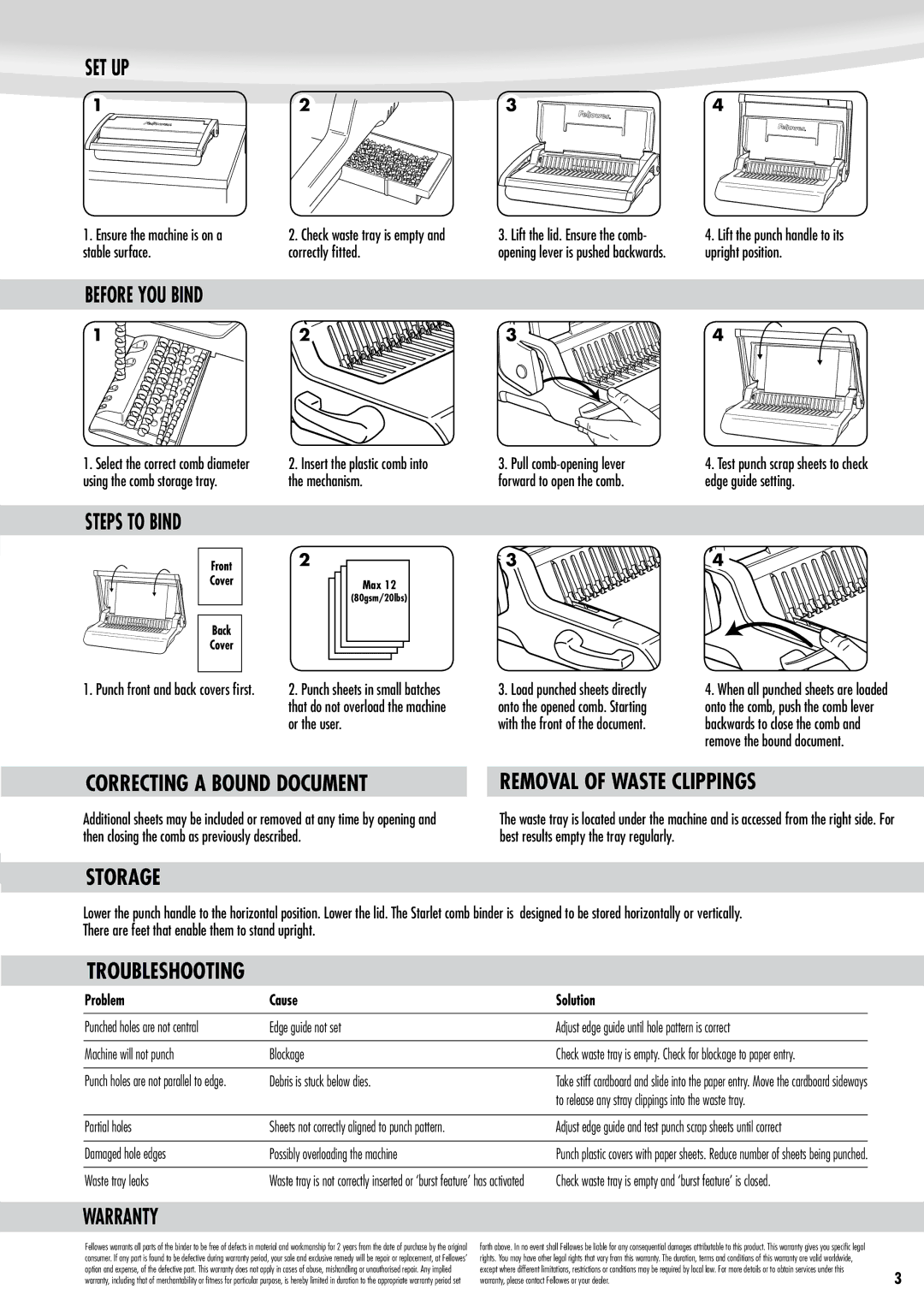 Fellowes Star 150 Set Up, Before YOU Bind, Steps to Bind, Correcting a Bound Document, Removal of Waste Clippings, Storage 